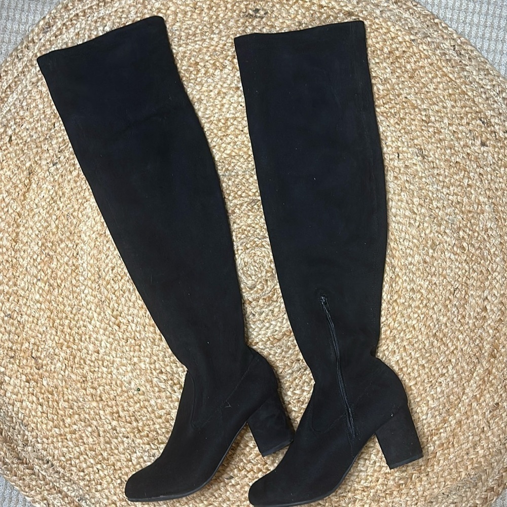 Mint Over The Knee Suede Block Heel Round Toe Stretch Fabric Shaft Black Boots